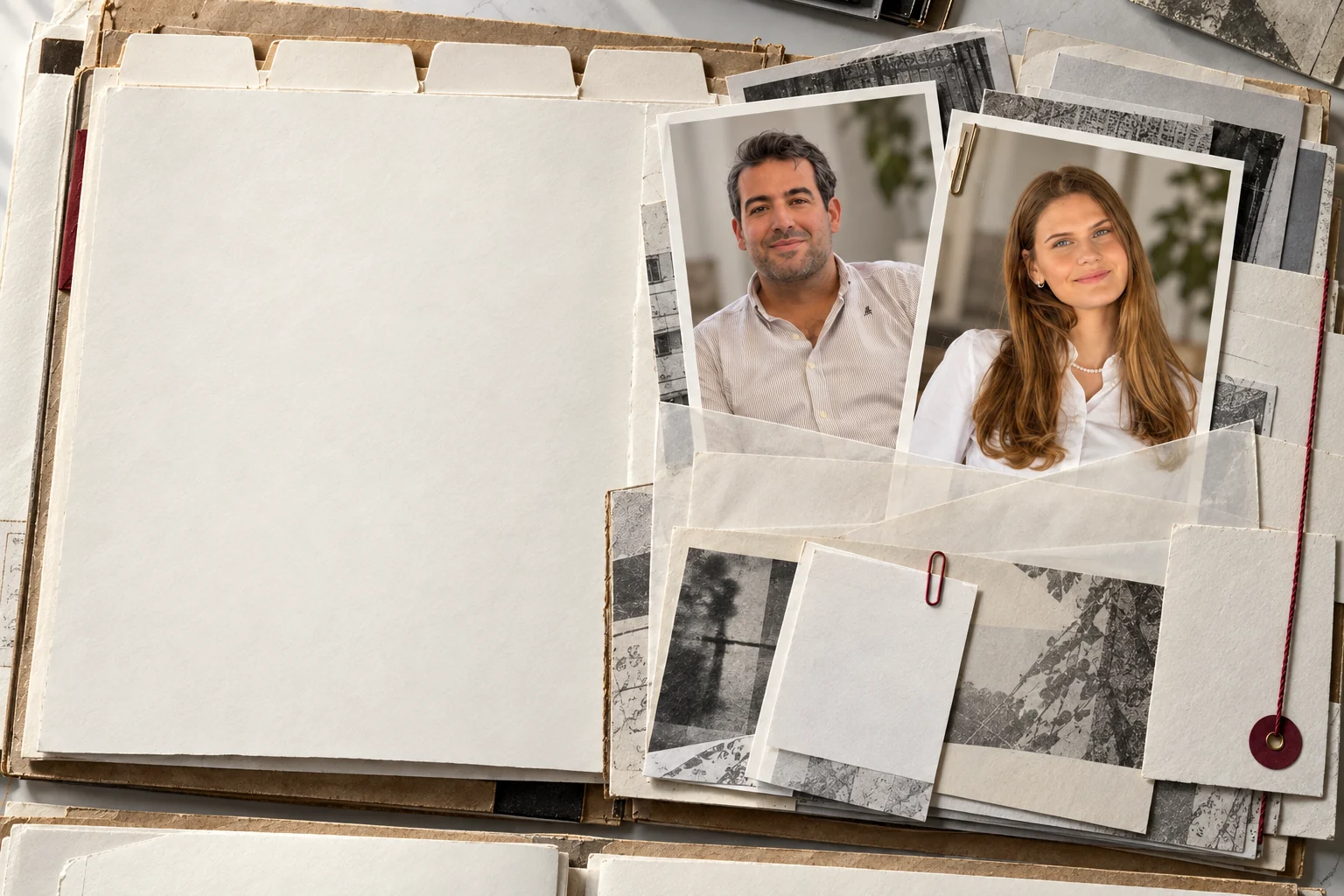 Composición artística de Carlos Cuadrado y Polina Poloziuk en un expediente abierto, con fotografías superpuestas y papel.